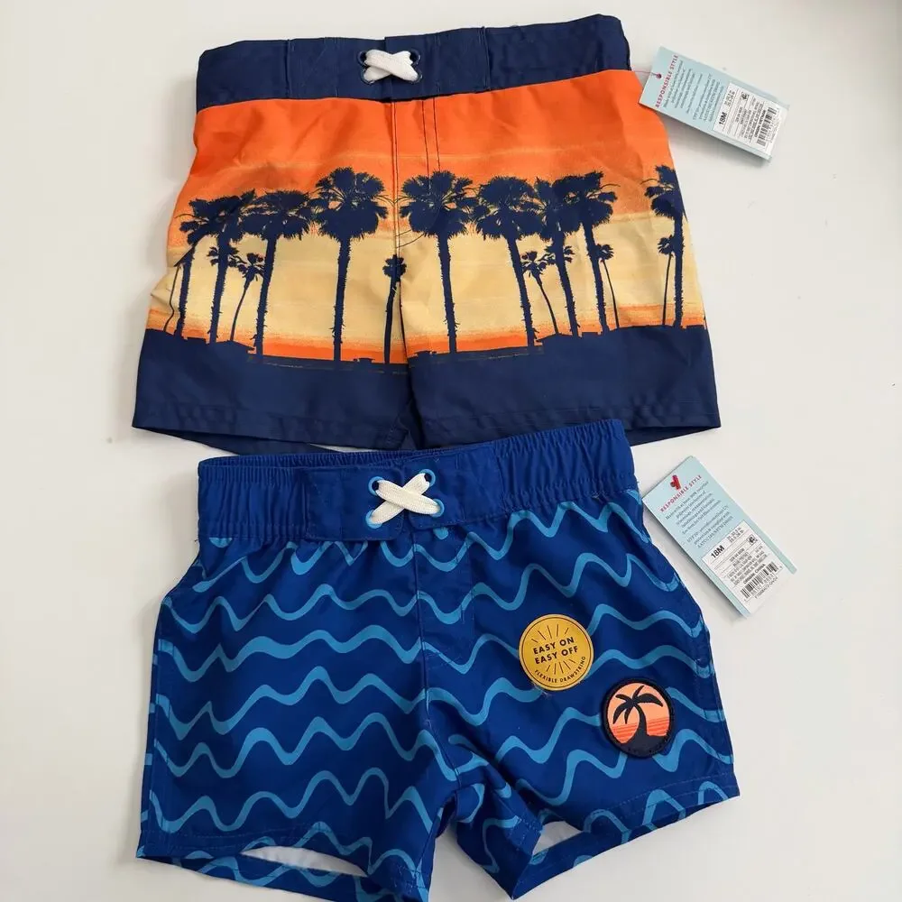 2x Cat & Jack swim trunks board shorts with liner blue wave orange sunset print